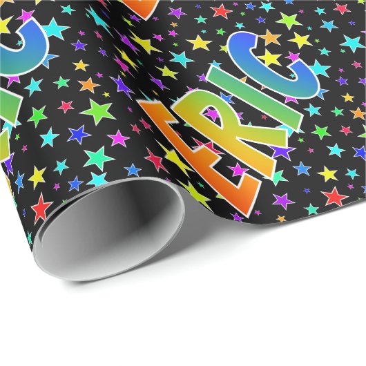 Papier Cadeau Prénom "ÉRIC" d'arc-en-ciel + Étoiles (Coin rond)