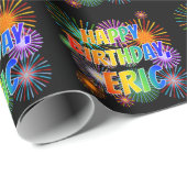 Papier Cadeau Prénom "ERIC", Fun "HEUREUX ANNIVERSAIRE" (Coin rond)