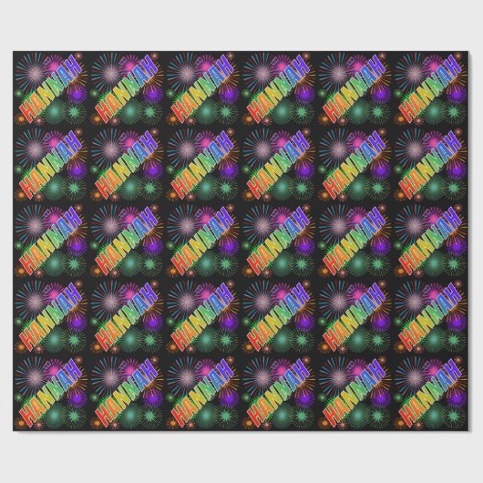 Papier Cadeau Prénom "HANNAH" d'arc-en-ciel + Feux d'artifice (Plat)