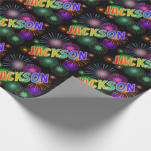 Papier Cadeau Prénom "JACKSON" d'arc-en-ciel + Feux d'artifice (Coin)