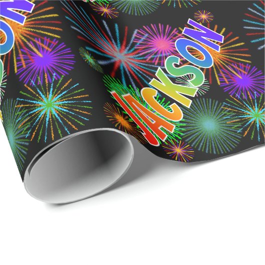 Papier Cadeau Prénom "JACKSON" d'arc-en-ciel + Feux d'artifice (Coin rond)