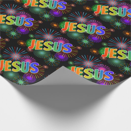 Papier Cadeau Prénom "JÉSUS" d'arc-en-ciel + Feux d'artifice (Coin)