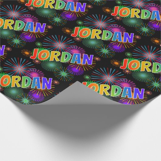 Papier Cadeau Prénom "JORDANIE" d'arc-en-ciel + Feux d'artifice (Coin)