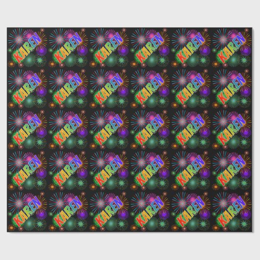 Papier Cadeau Prénom "KAREN" d'arc-en-ciel + Feux d'artifice (Plat)