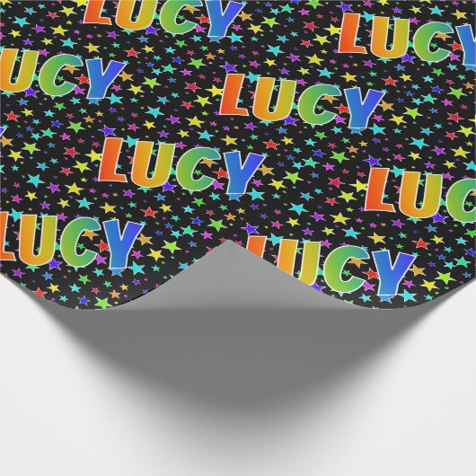 Papier Cadeau Prénom "LUCY" d'arc-en-ciel + Étoiles (Coin)