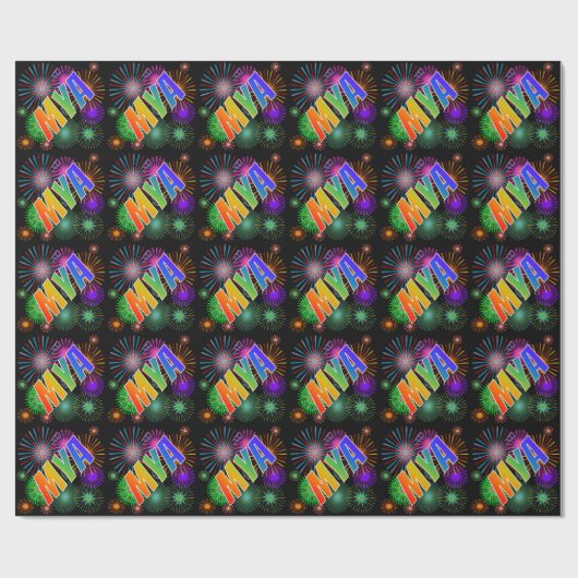 Papier Cadeau Prénom "MYA" d'arc-en-ciel + Feux d'artifice (Plat)