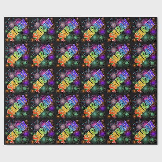 Papier Cadeau Prénom "SARAH" d'arc-en-ciel + Feux d'artifice (Plat)