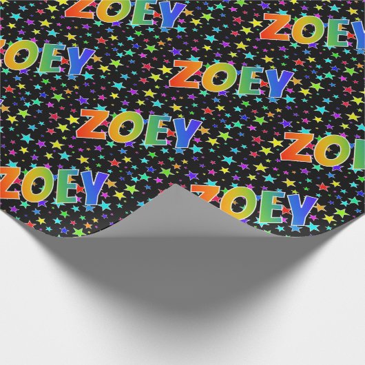 Papier Cadeau Prénom "ZOEY" d'arc-en-ciel + Étoiles (Coin)