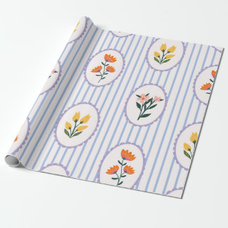 Papier Cadeau Préparatoire bleu rayé floral camée art folkloriqu