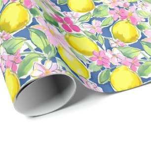 Papier Cadeau Preppy Palm Beach Imprimer Citrons bleu et jaune