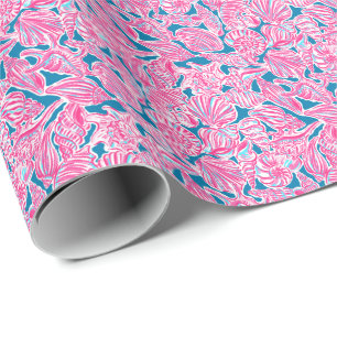 Papier Cadeau Preppy Palm Beach Imprimer Coquillages rose et ble