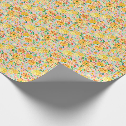 Papier Cadeau Preppy Palm Beach Imprimer Fleurs rose et jaune (Coin)