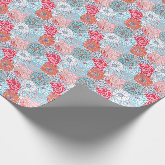 Papier Cadeau Preppy Palm Beach Imprimer Fleurs Turquoises et ro (Coin)