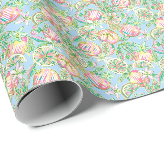 Papier Cadeau Preppy Palm Beach Imprimer Oranges bleu et rose (Coin rond)