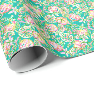 Papier Cadeau Preppy Palm Beach Imprimer Oranges Turquoises et r