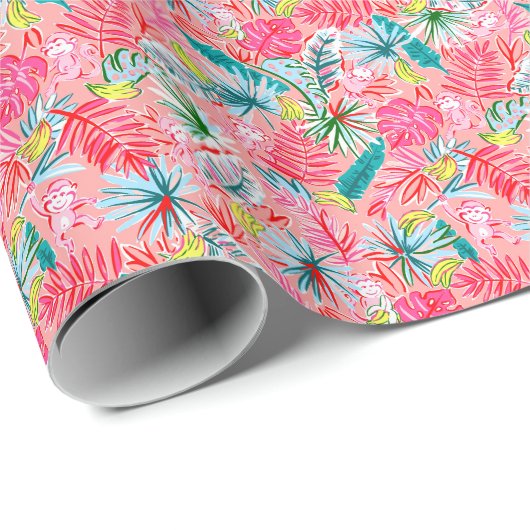 Papier Cadeau Preppy Palm Beach Imprimer Palm Tree Monkeys (Coin rond)
