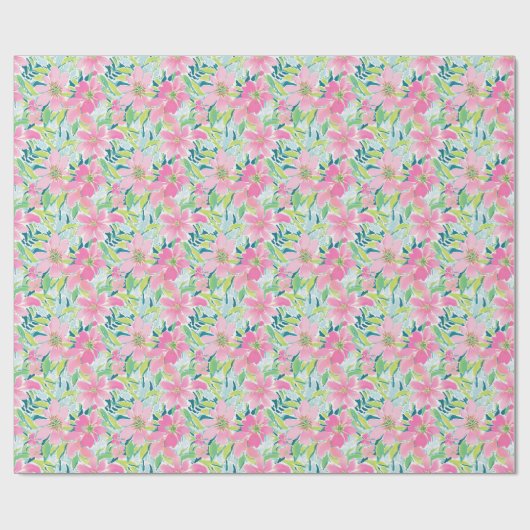 Papier Cadeau Preppy Palm Beach Imprimer rose et vert Fleurs (Plat)