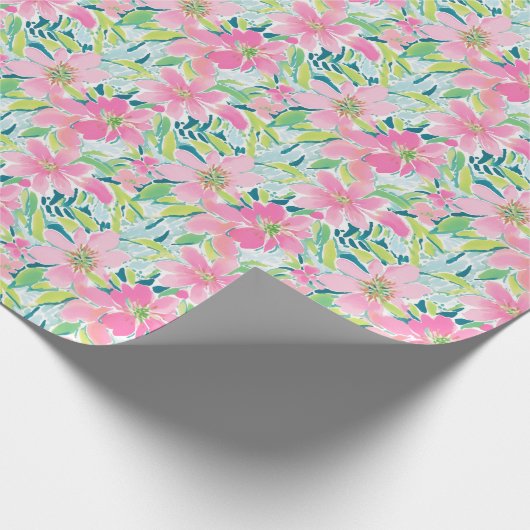 Papier Cadeau Preppy Palm Beach Imprimer rose et vert Fleurs (Coin)