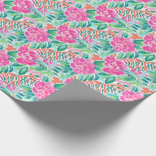 Papier Cadeau Preppy Palm Beach Imprimer Tigres rose et vert (Coin)