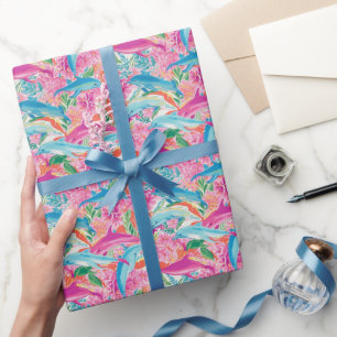 Papier Cadeau Preppy Palm Beach Motif de dauphins tropicaux