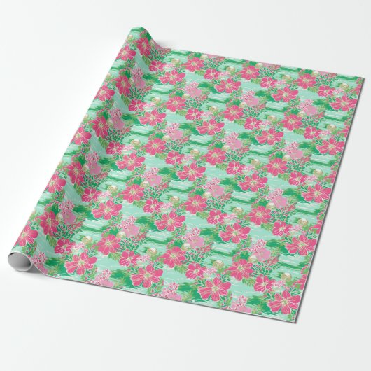 Papier Cadeau Preppy Palm Beach Motif de fleurs tropicales (Déroulé)