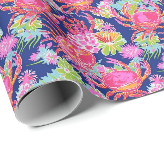Papier Cadeau Preppy Palm Beach Océan Floral Crabs Motif (Coin rond)