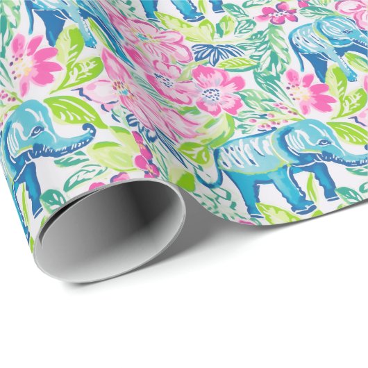 Papier Cadeau Preppy Palm Beach Print Blue and Pink Elephants (Coin rond)