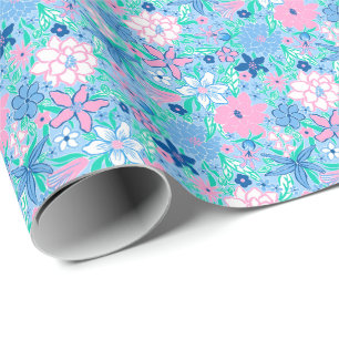 Papier Cadeau Preppy Palm Beach Print Blue and rose Flowers
