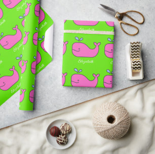 Papier Cadeau Preppy Pink and Green Whales Personnalisé