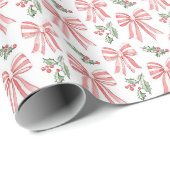 Papier Cadeau Preppy Red Bow & Holly Christmas Wrapping Paper (Coin rond)