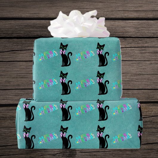 Papier Cadeau Pretty Black Mid Century Cat Pink Bow Christmas