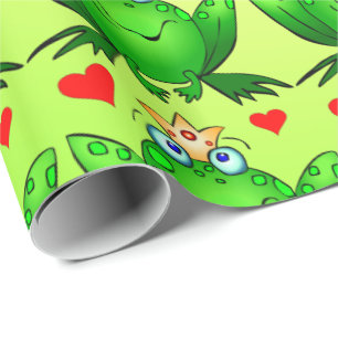 Papier Cadeau Prince Grenouille Cœurs Joyeux Dessin Animé Vert