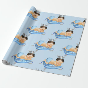 Papier Cadeau Prince Royal Bébé Bleu & Oreiller Garçon Argenté