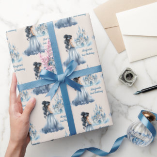 Papier Cadeau Princesse aux cheveux noirs et Château