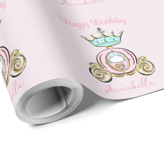 Papier Cadeau Princesse Couronne et transport sur rose clair (Coin rond)
