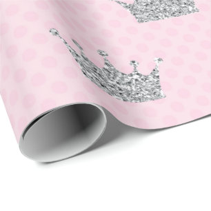 Papier Cadeau Princesse Crown Pink Silver Dots VIP brillant
