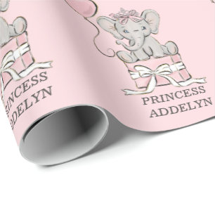 Papier Cadeau Princesse Éléphant Ballon Rose Nom de l'Enfant
