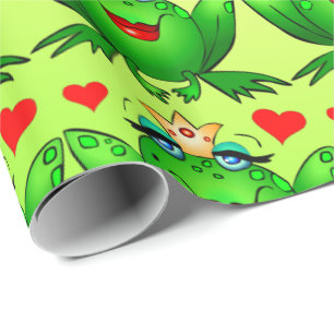 Papier Cadeau Princesse Grenouille Cœurs Vert Joyeux