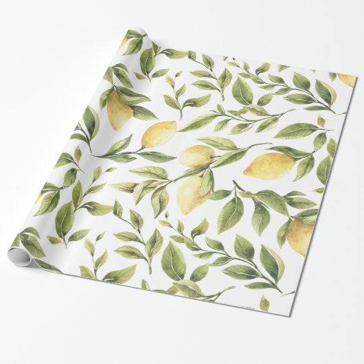 Papier Cadeau Printemps Aquarelle fraîche jaune citron vert feui (Déroulé)