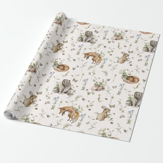 Papier Cadeau Printemps Été Bois Animaux Bébé Nursery Cadeau (Déroulé)