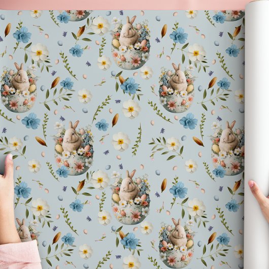 Papier Cadeau Printemps Floral Lapin de Pâques Célébration Bleu
