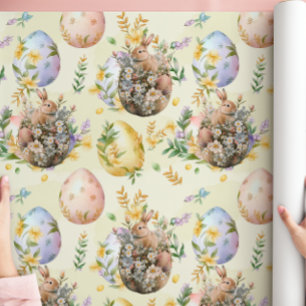 Papier Cadeau Printemps Floral Lapin de Pâques Célébration Jaune