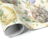 Papier Cadeau Printemps Floral Lapin de Pâques Célébration Jaune (Coin rond)