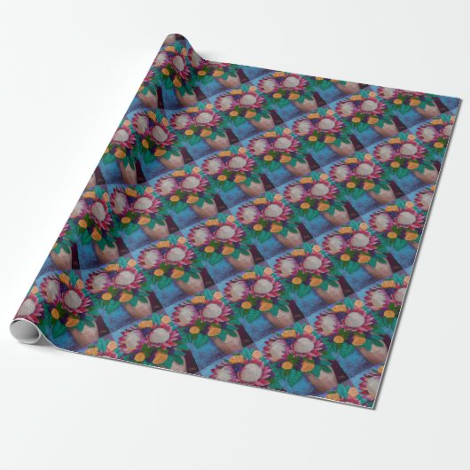 Papier Cadeau Protéas géantes et Roses oranges (Déroulé)