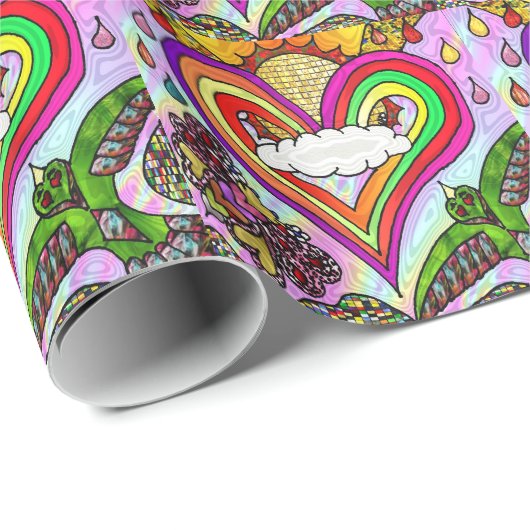 Papier Cadeau Psychédélic Rainbow Heart (Coin rond)