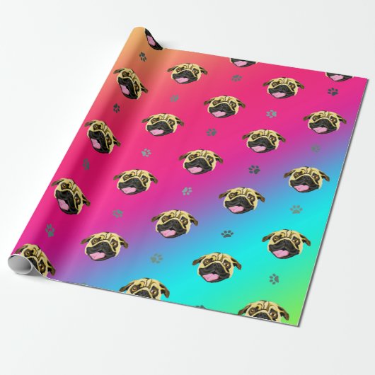 Papier cadeau Pug rayé arc-en-ciel (Déroulé)