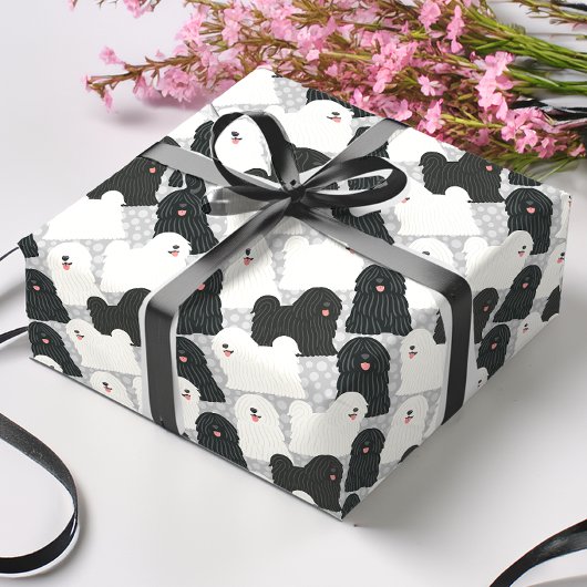 Papier Cadeau Puli Chien mignon noir et blanc Polka point