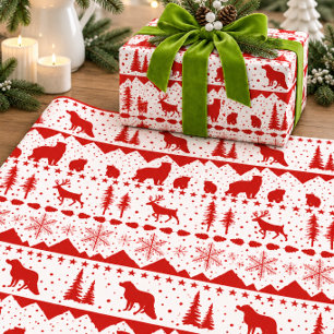 Papier Cadeau Pull nordique rouge animaux d'hiver blanc