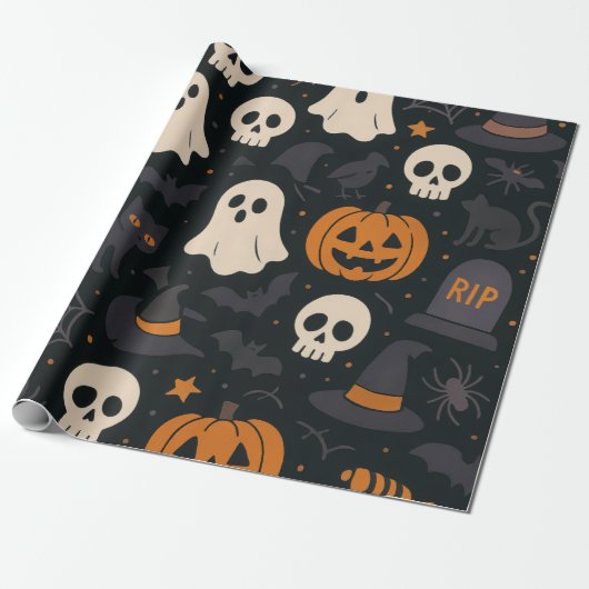 Papier Cadeau Pumpkin, RIP, Ghost Pattern Paper Wrapping Paper (Déroulé)
