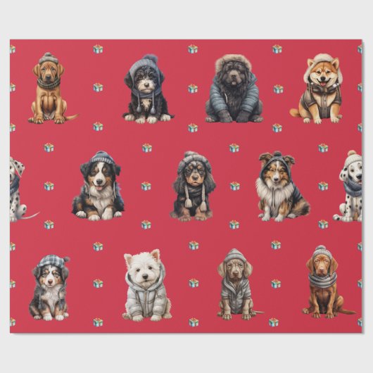 Papier Cadeau Puppies adorables 4 vacances de Noël en rouge (Plat)